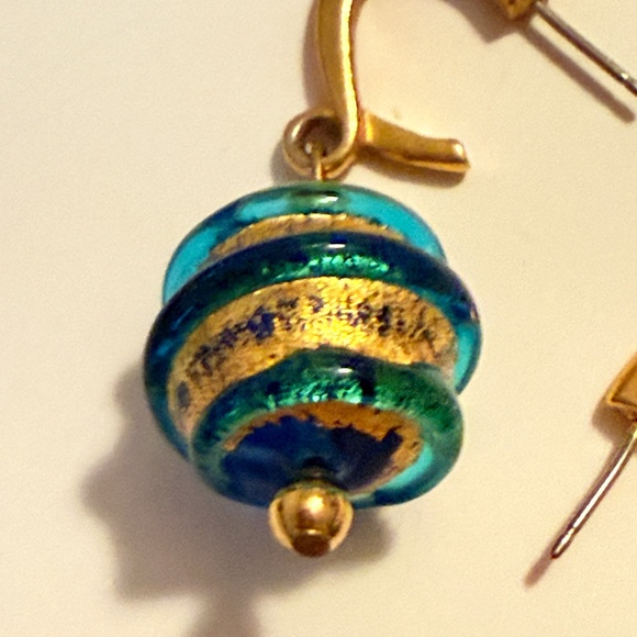 Vintage Blue and Gold Murano Ball Earrings - Picture 3 of 5